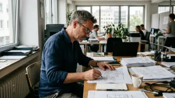 Digitale Prozess-Zwillinge, KI-Agenten Enterprise – Mitarbeiter analysiert Prozessdokumentation am Schreibtisch für digitale Prozess-Zwillinge