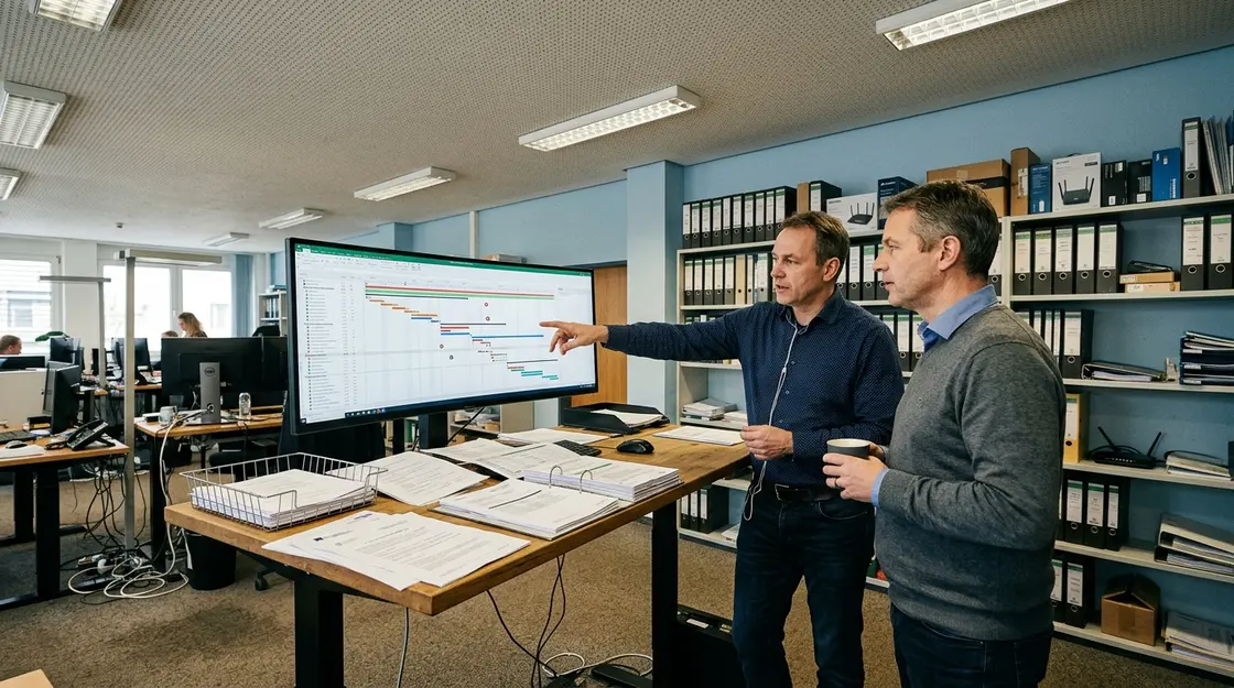 Verwaltungsmitarbeiter diskutieren Digitalisierungsprojekt vor Bildschirm