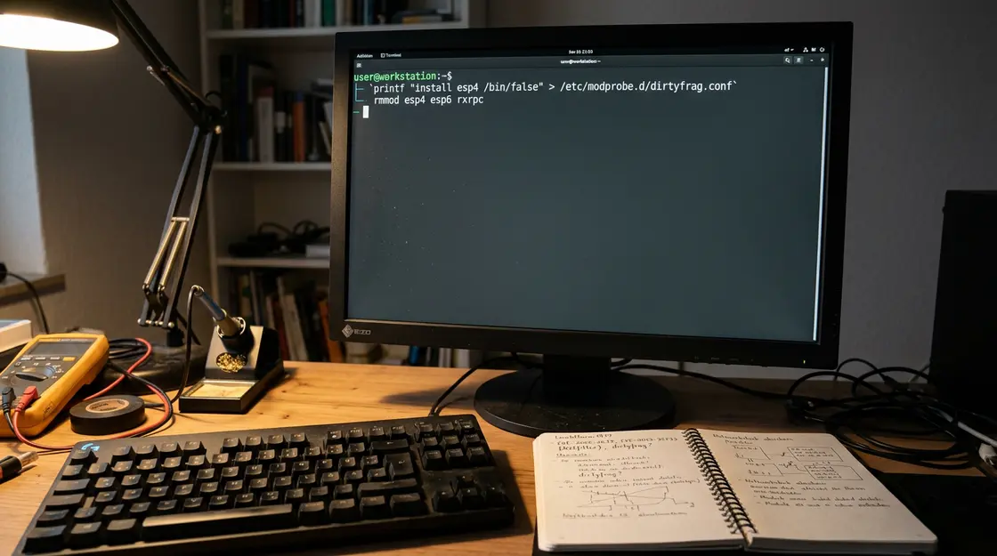 Terminal-Fenster zeigt Modul-Blacklist-Befehle gegen Dirty Frag