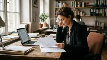 DSGVO-Lockerung, KI-Training Daten – Frau prüft DSGVO-Dokumente für KI-Training Daten an ihrem Schreibtisch