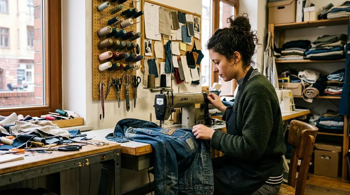 Junge Frau repariert Jeansjacke in Nähwerkstatt – Circular Fashion
