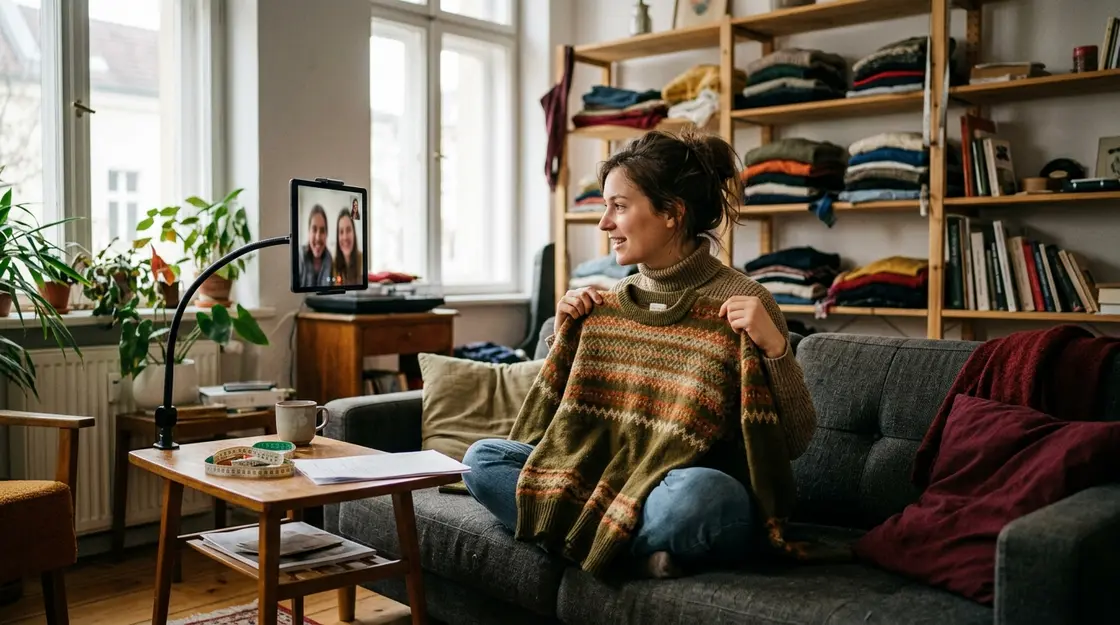 Live-Shopping-Host präsentiert Kleidungsstück per Video aus dem Wohnzimmer