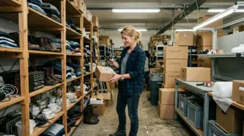 eBay Gebührenmodell, Nachhaltige Marktplätze – Verkäufer im Lager scannt Paket für eBay Nachhaltige Marktplätze