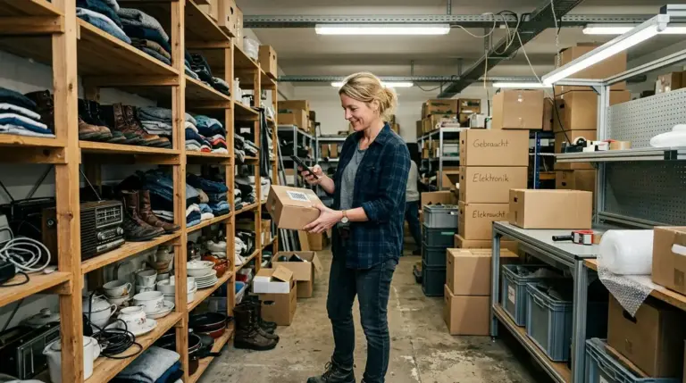 eBay Gebührenmodell, Nachhaltige Marktplätze – Verkäufer im Lager scannt Paket für eBay Nachhaltige Marktplätze