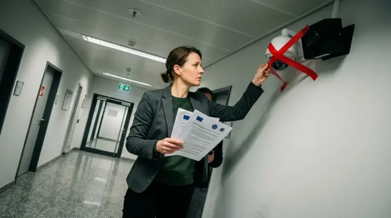 Emotionserkennung, Biometrische KI-Verbote – Compliance-Beauftragte markiert Kamerasystem mit Sperrband wegen Emotionserkennung-Verbot
