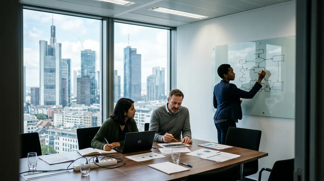 Enterprise-Team bespricht Forschungsautomatisierung mit Agentic AI im Konferenzraum