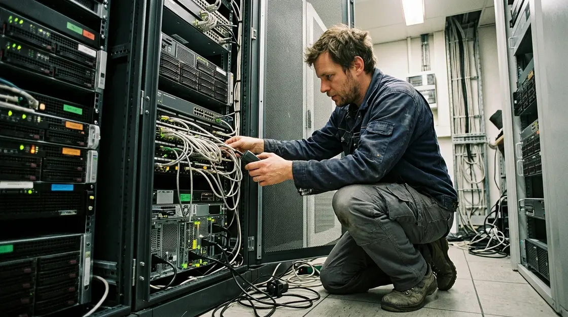 IT-Techniker im Serverraum prüft Hardware für Quantencomputing-Integration