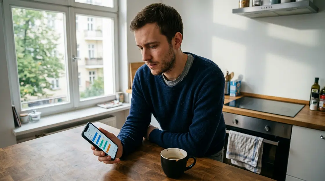 Junger Anleger vergleicht ETF-Vermögen auf Neobroker-App in seiner Wohnung