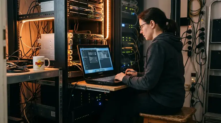 Fedora 42, GNOME – Entwickler vor Serverrack mit Fedora 42 GNOME 48 Desktop und HDR-Einstellungen