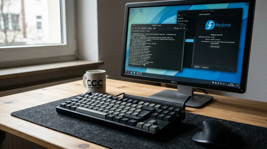 KDE Plasma Fedora 42 Desktop mit dnf system-upgrade Terminal-Kommando