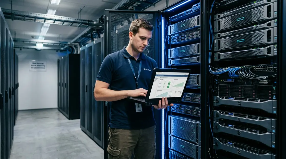 IT-Spezialist in Bankrechenzentrum prüft permissioned Blockchain-Node für DLT-Settlement-Infrastruktur