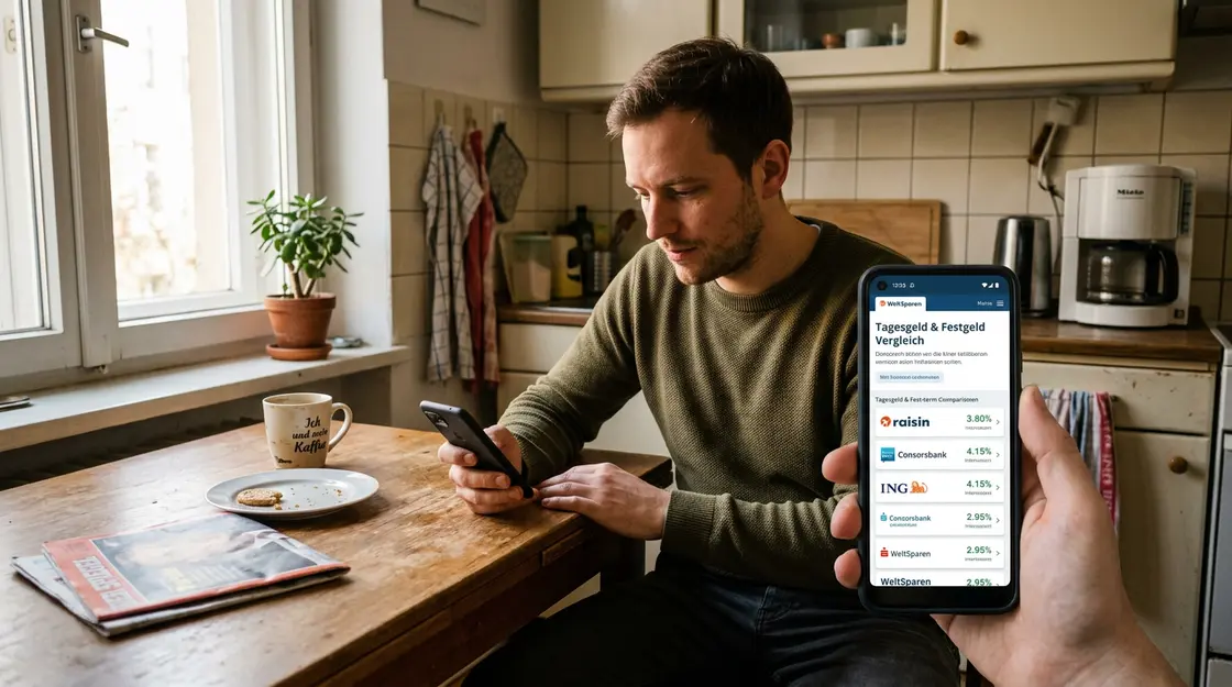 Mann vergleicht FinTech-Tagesgeld-Zinsen auf Smartphone in Küche