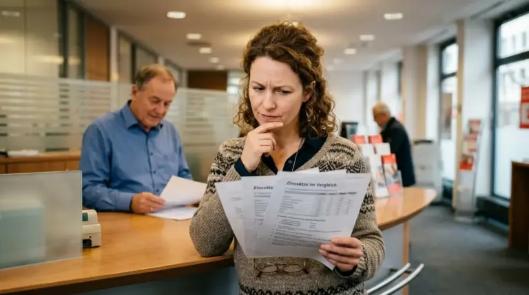 FinTech, Banken – Frau vergleicht FinTech und Banken Zinsen am Bankschalter