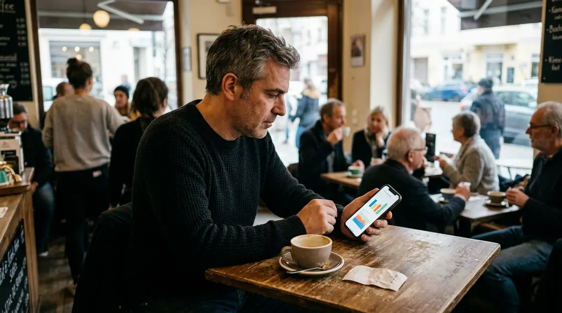 Mann prüft FinTech-Zinsen auf Smartphone im Café