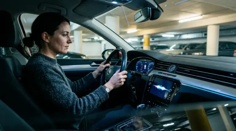 Gemini, Android Auto – Fahrer im Auto blickt auf Android Auto Gemini Sprachassistent auf dem Infotainment-Display