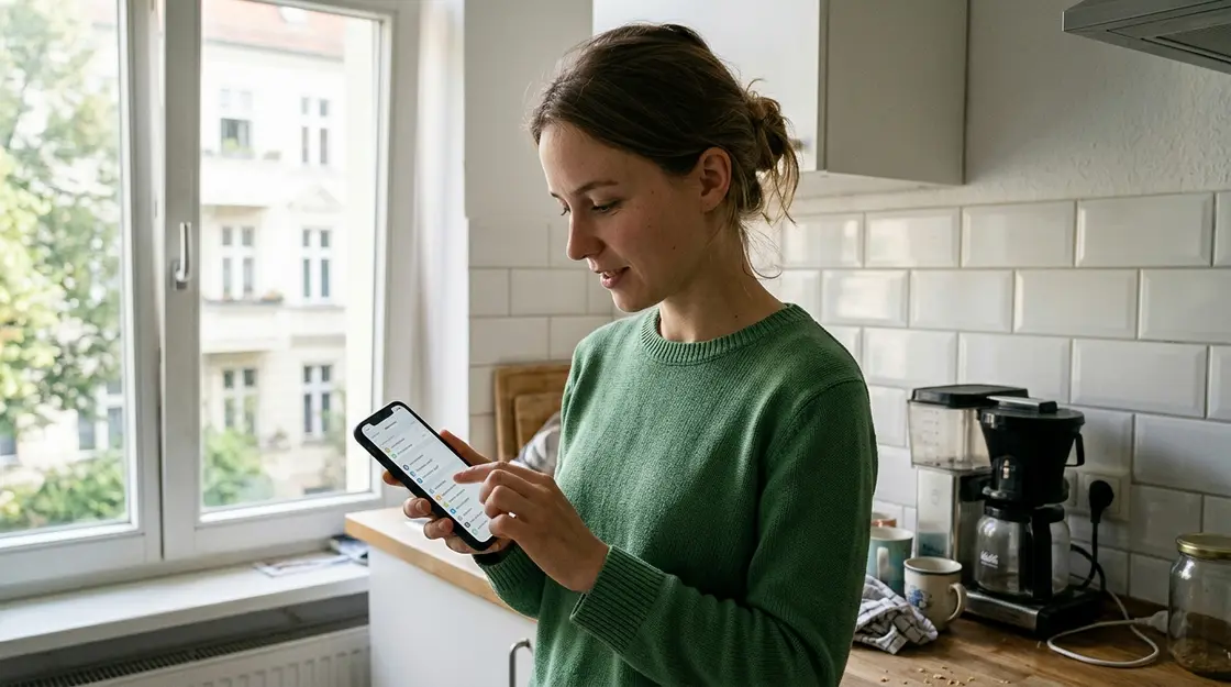 Frau überprüft Gemini Datenschutz-Einstellungen auf dem Android Smartphone in der Küche