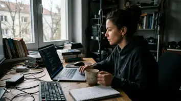 GitHub Copilot, Code-Edits Repository – Entwickler arbeitet mit GitHub Copilot Agent Mode in einem Code-Editor auf dem Laptop