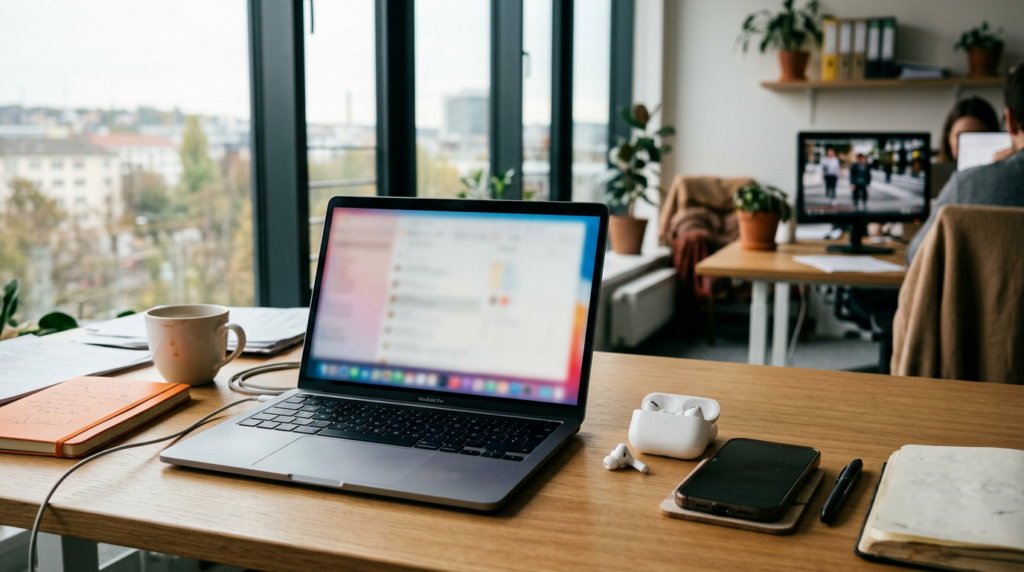 Google AI Abo: Arbeitsplatz mit Laptop, Smartphone und Videonutzung