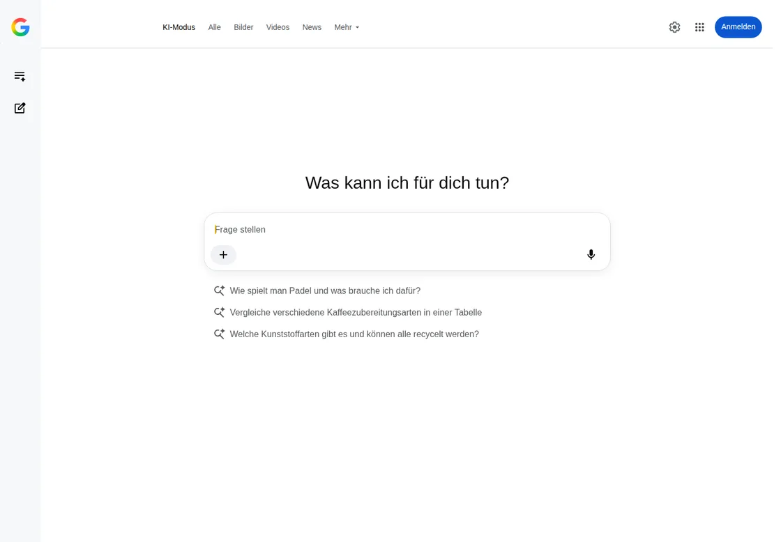 Google AI Mode Screenshot mit Eingabefeld und Beispielanfragen