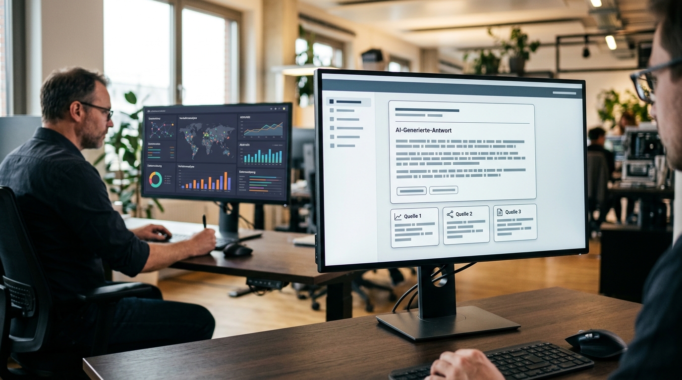 Traffic-Analyse neben einer abstrakten KI-Suchoberflaeche
