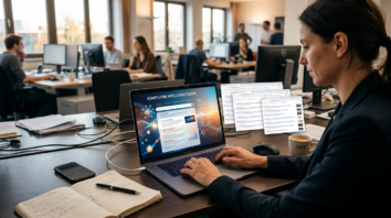 Abstrakte KI-Suche auf einem Newsroom-Schreibtisch