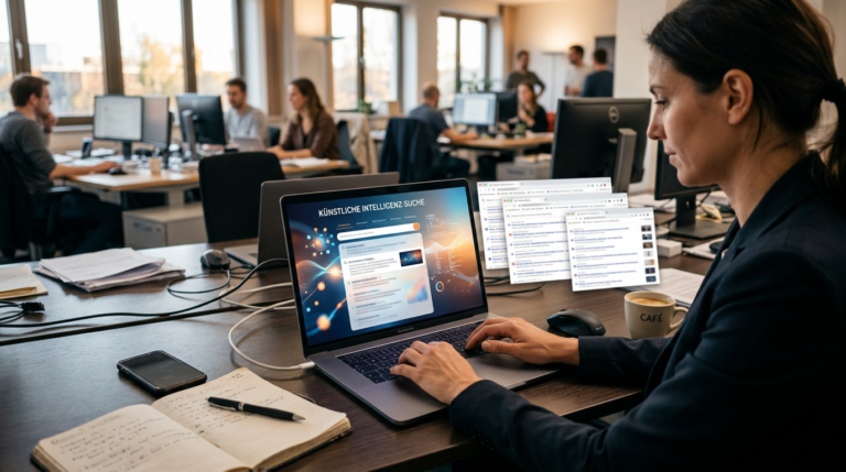 Abstrakte KI-Suche auf einem Newsroom-Schreibtisch