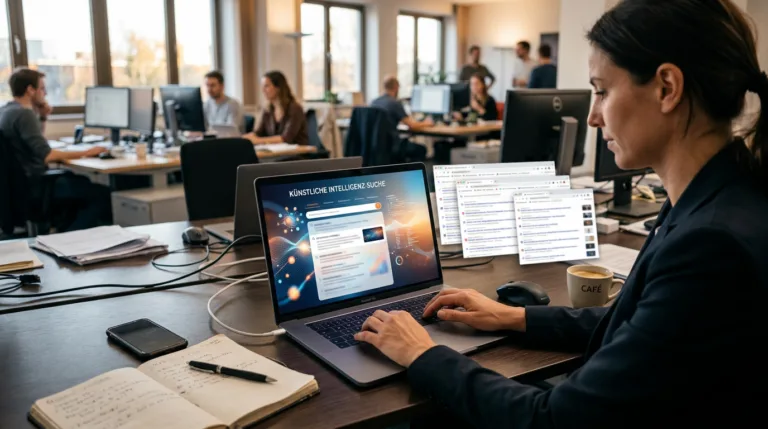 Abstrakte KI-Suche auf einem Newsroom-Schreibtisch