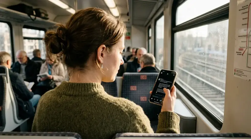 Grok Mobile, Echtzeit-KI – Grok Mobile in der X-App auf einem Android-Smartphone im Zug