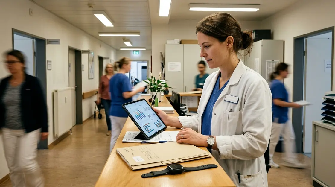 Ärztin mit Tablet und Smartwatch in Praxis – Health-Privacy und Datenschutz
