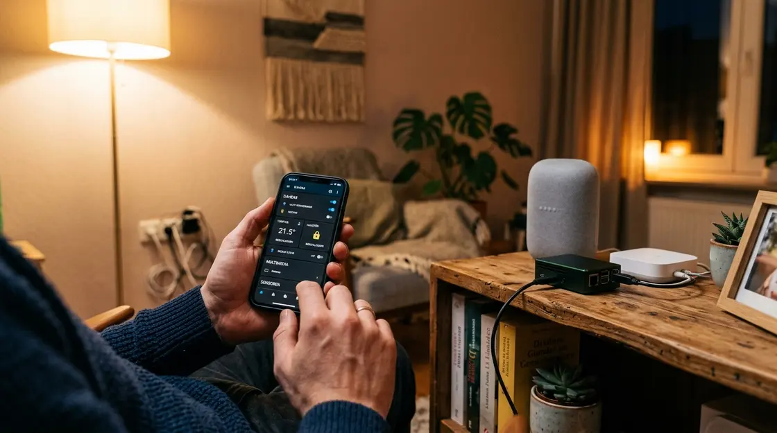 Home Assistant Raspberry Pi Smart Home Dashboard auf Smartphone im Wohnzimmer