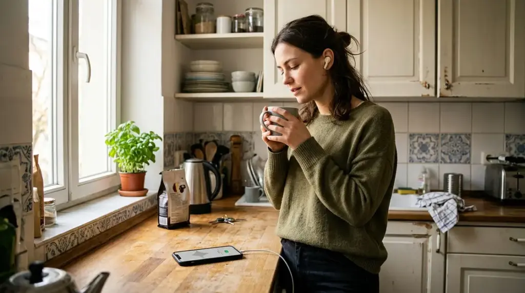 Huxe App, Audio-Briefing – Frau hört personalisiertes Audio-Briefing der Huxe App morgens in der Küche