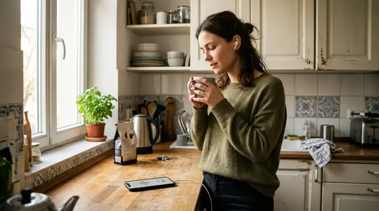 Huxe App, Audio-Briefing – Frau hört personalisiertes Audio-Briefing der Huxe App morgens in der Küche