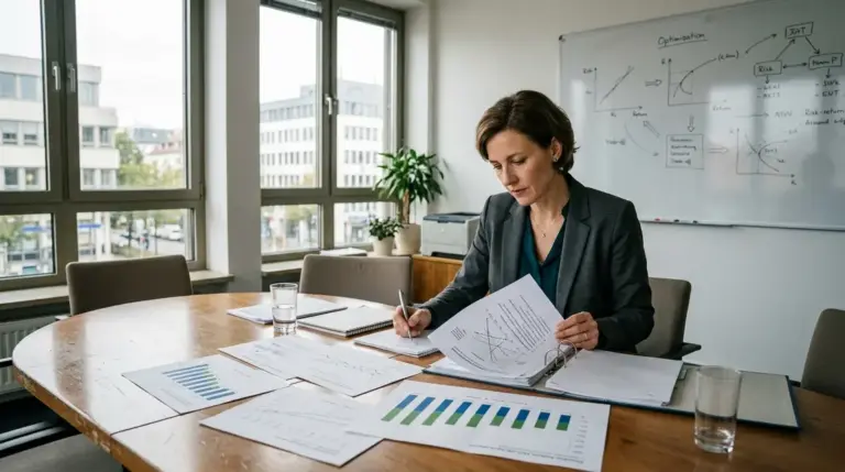 Hybrid-Quantenalgorithmen, ESG-Portfolio – Versicherungsmanagerin analysiert ESG-Portfolio-Unterlagen in Konferenzraum