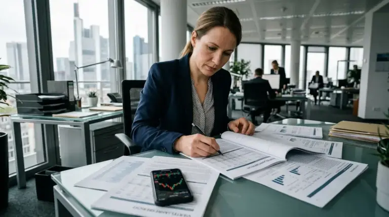 Deep Tech, KI-Datenverarbeitung – Finanzanalystin liest Deep Tech Quartalsbericht mit KI-Datenverarbeitung Zahlen