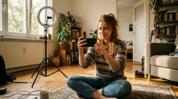 Instagram Reels, Meta Video-Bearbeitung – Junge Frau filmt Instagram Reels mit Smartphone für Meta Video-Bearbeitung