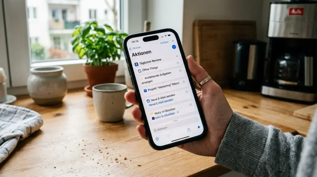 iOS 26.5, App Intents – iPhone mit iOS 26.5 App Intents Kurzbefehle-App in der Küche
