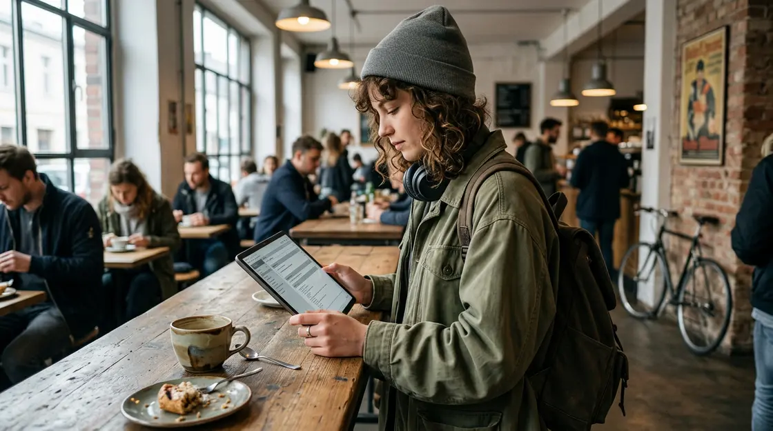 Junge Person mit Tablet in Café – neuer Einstieg in KI-nahe Developer-Rollen statt klassischem Junior-Job