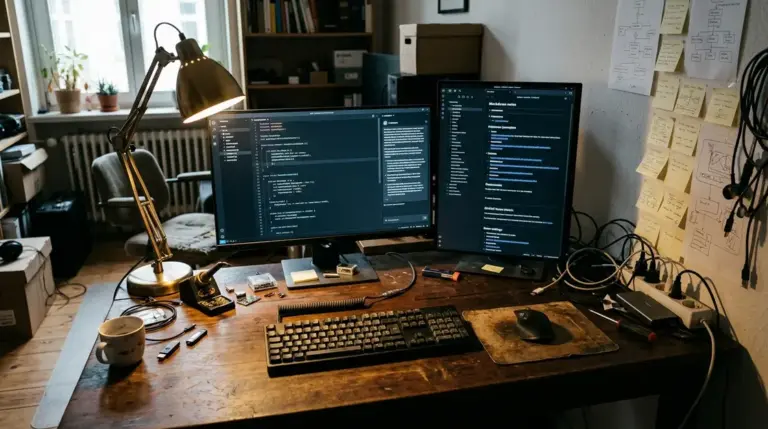 KI-Agenten, Editor – Entwickler-Werkbank mit Zed Editor und Obsidian KI-Agenten Workflow auf zwei Bildschirmen