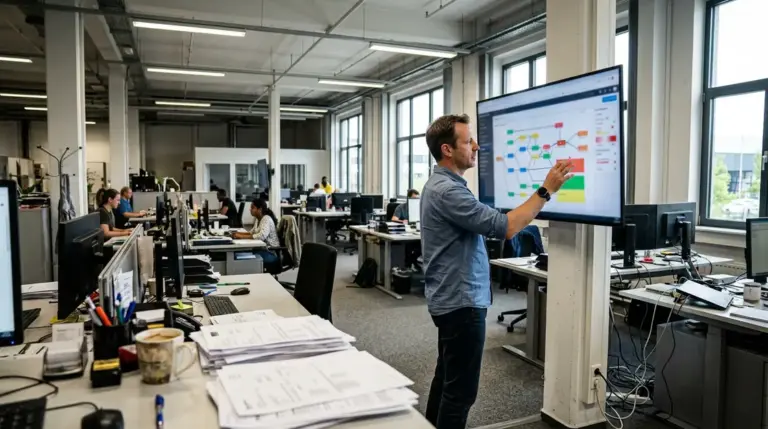 KI-Agenten Mittelstand, Prozessautomatisierung – KI-Agenten Mittelstand – Mitarbeiter prüft autonomen Workflow auf Büromonitor
