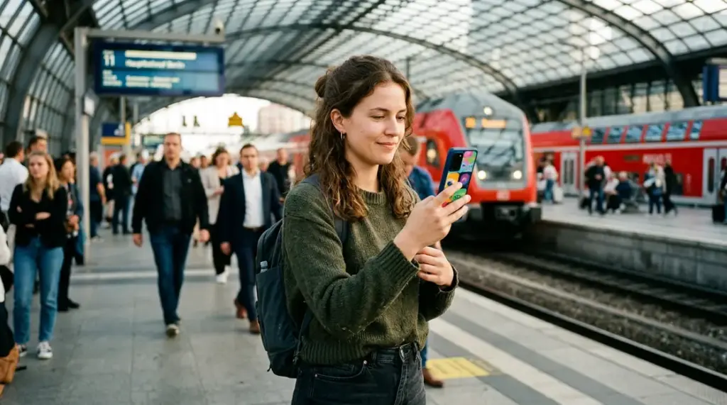 KI Apps, iOS Android – Frau am Bahnsteig scrollt durch KI-Apps auf ihrem Smartphone