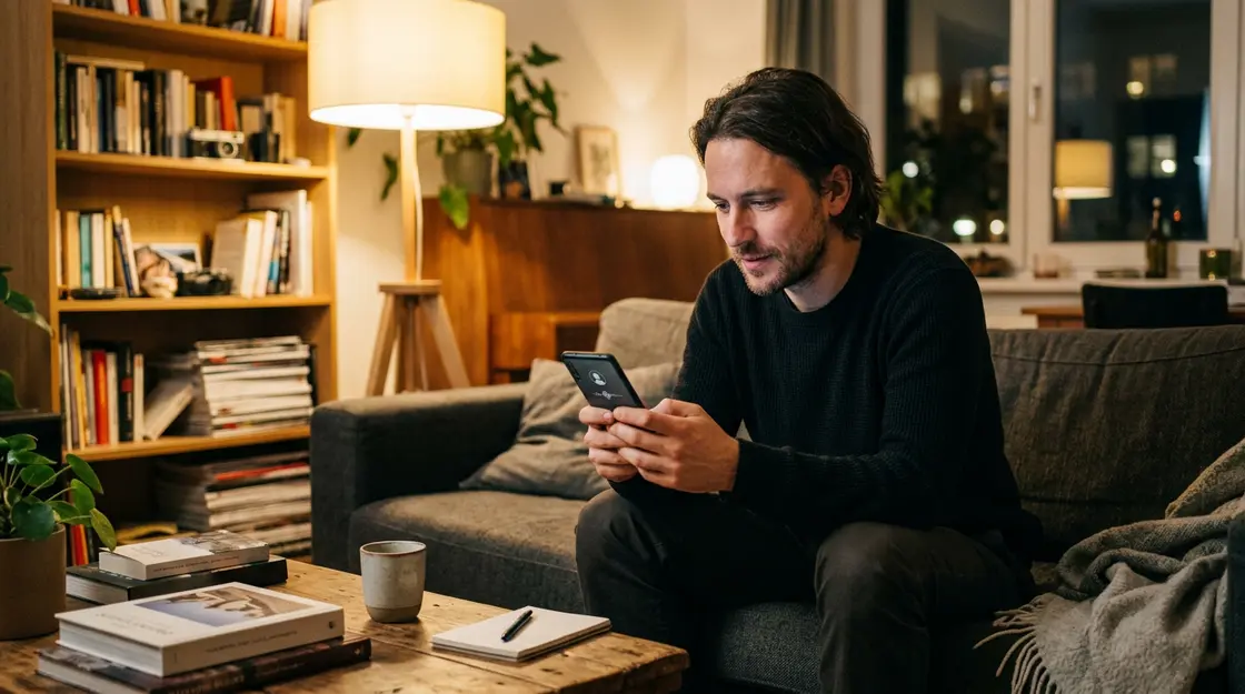 Mann im Wohnzimmer nutzt KI-App auf dem Smartphone