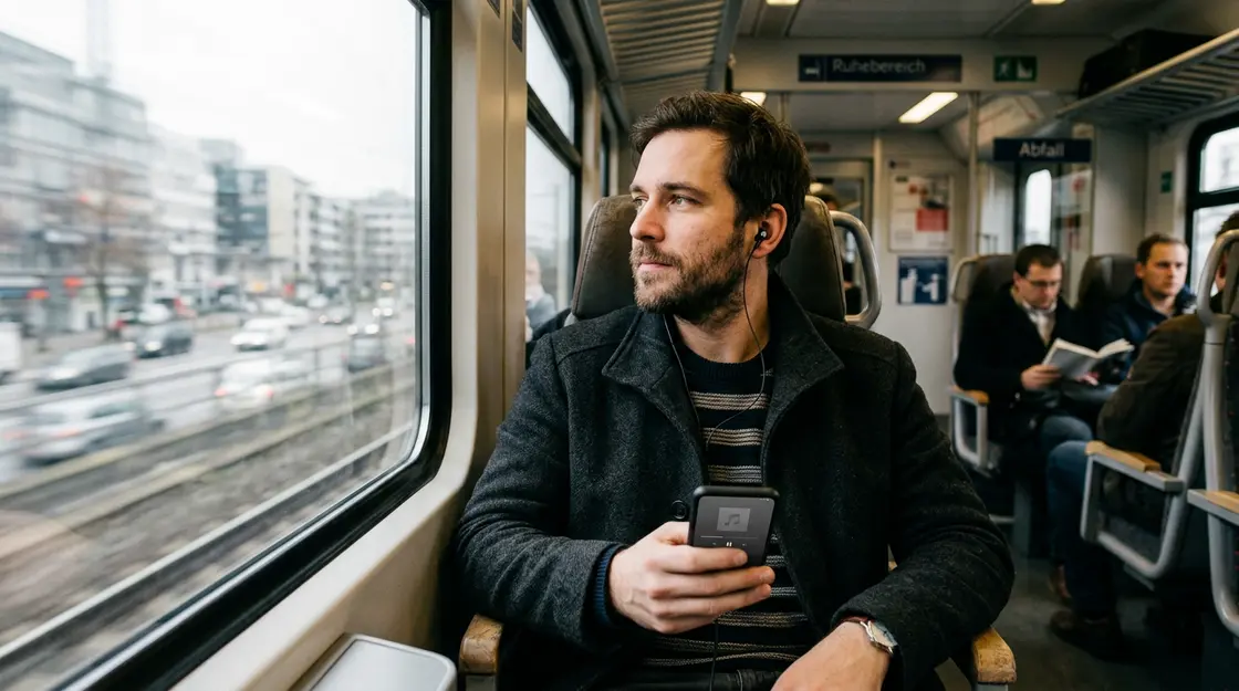 Mann nutzt KI-Assistent mit Audio-Briefing auf dem Weg zur Arbeit im Zug