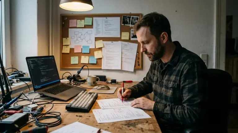 KI-Coding-Jobs, Skill-Shift – Entwickler reviewt KI-generierten Code auf Papier an einer Werkbank – Symbol für Skill-Shift durch KI-Coding-Jobs