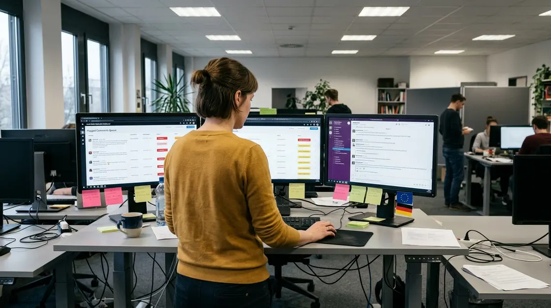 Content-Moderation-Arbeitsplatz mit KI-Dashboard und Kommentar-Queue auf zwei Bildschirmen