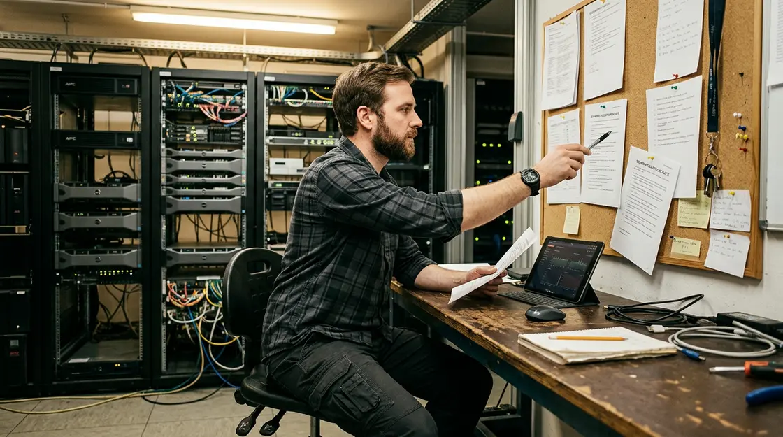 IT-Sicherheitsexperte prüft KI-Cybersicherheits-Auditliste im Serverraum