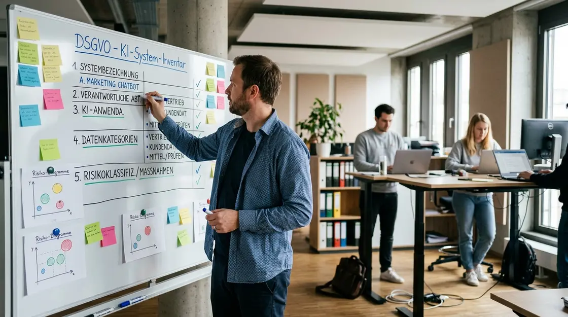 Datenschutzbeauftragter erstellt KI-Inventar an Whiteboard im Büro