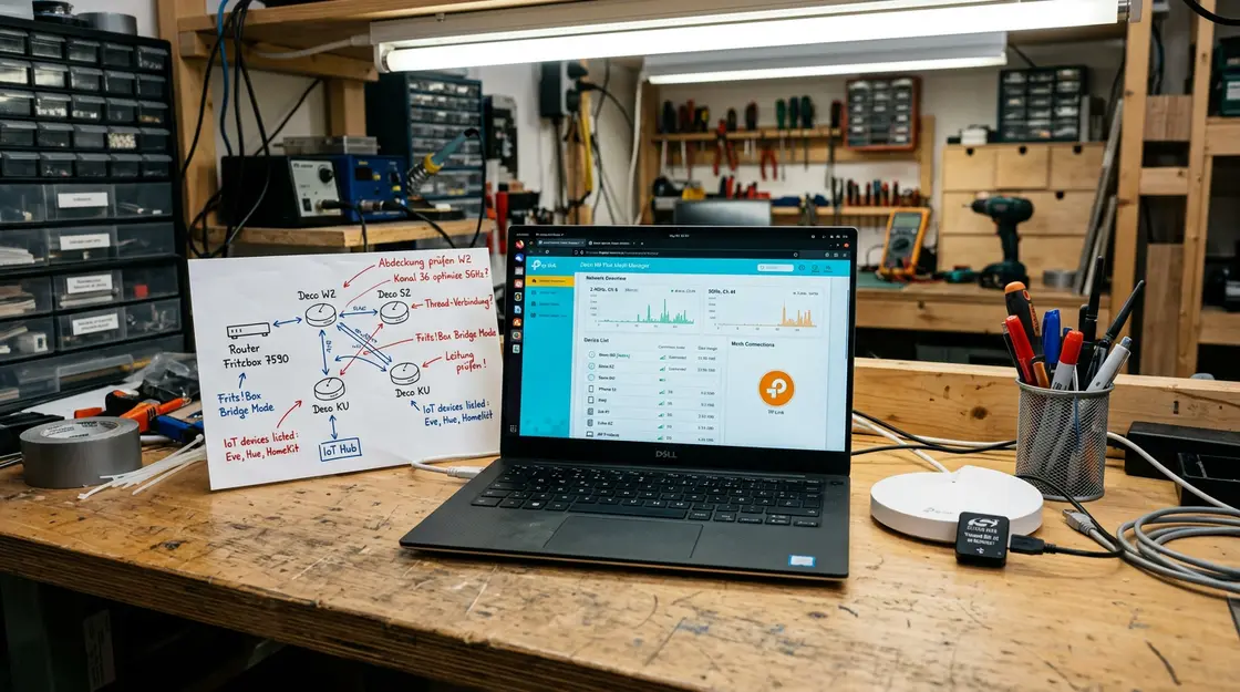 Mesh-Router Admin-Dashboard auf Laptop neben Netzwerkdiagramm auf Werkbank