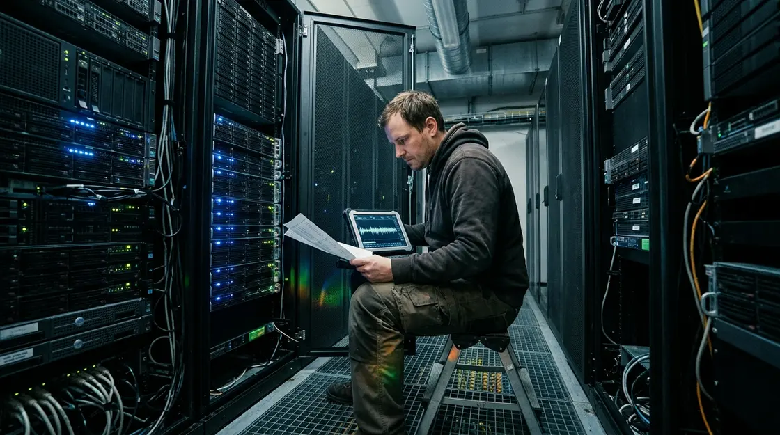 IT-Sicherheitsanalyst im Serverraum analysiert Audiomuster eines Deepfake-Stimmklons