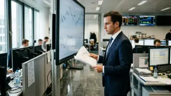 KI-Trading, Zinswende – KI-Trading-Analyst prüft Renditekurven-Daten im Handelsraum einer Bank