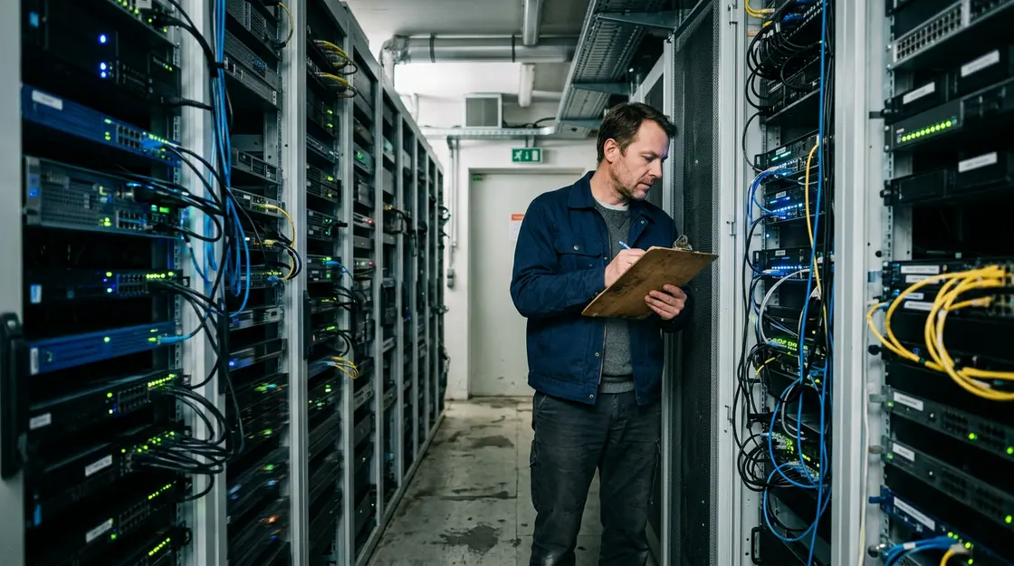 Techniker prüft Server in Rechenzentrum für KI-Datenverarbeitung Infrastruktur